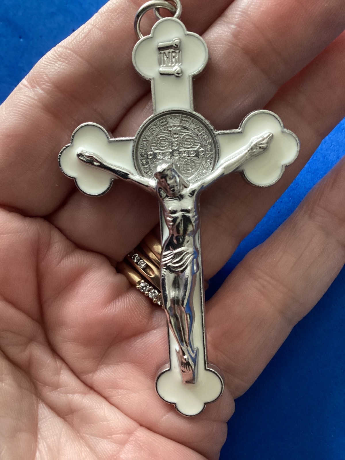 St BENEDICT Crucifix Budded Cross Cream White Enamel 3” Silver Tone Metal Saint