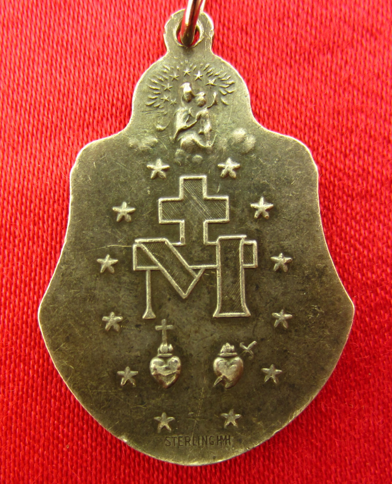 Vintage Sterling MARY Medal RED WHITE BLUE ENAMEL WINGS MIRACULOUS WWII Large