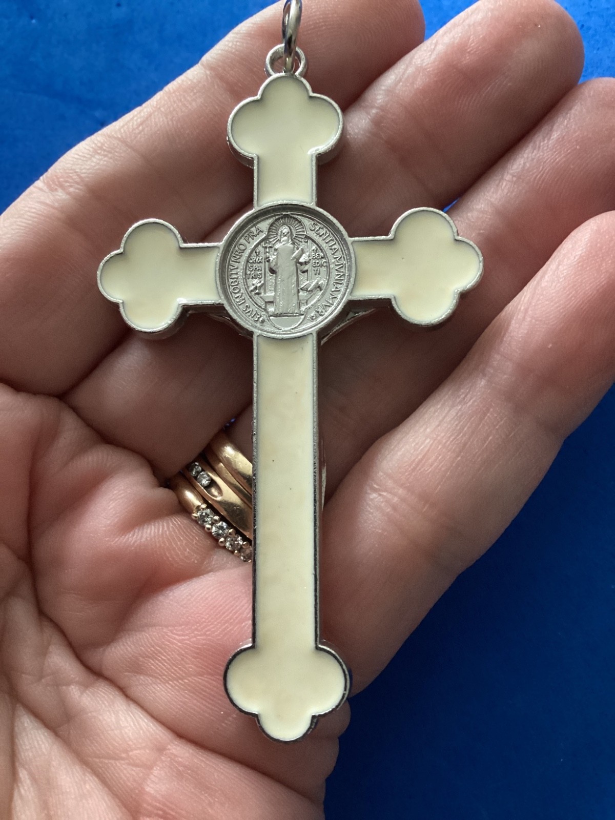 St BENEDICT Crucifix Budded Cross Cream White Enamel 3” Silver Tone Metal Saint