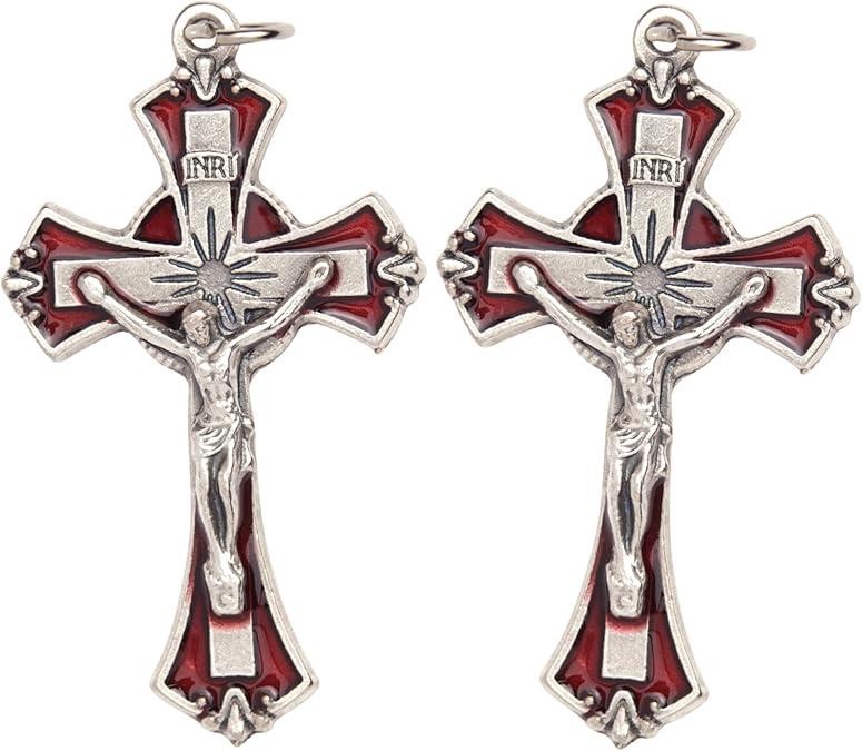 Silver Red Enamel Crucifix Pendants – 1.75″, Made in Italy, Pack of 2