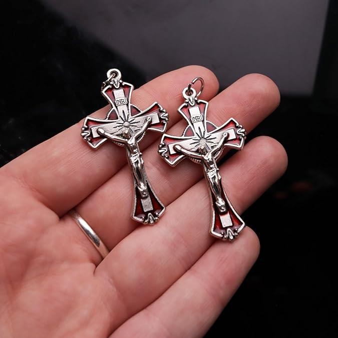 Silver Red Enamel Crucifix Pendants – 1.75″, Made in Italy, Pack of 2