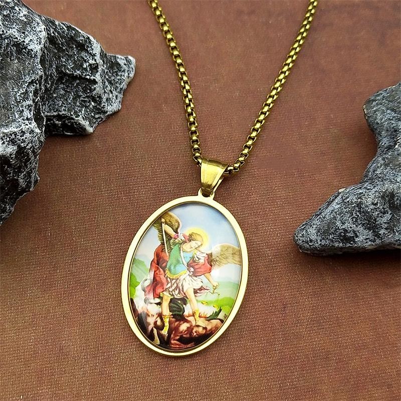 Gold Saint Michael Protect Us Medal Necklace Stainless Steel Archangel Gift