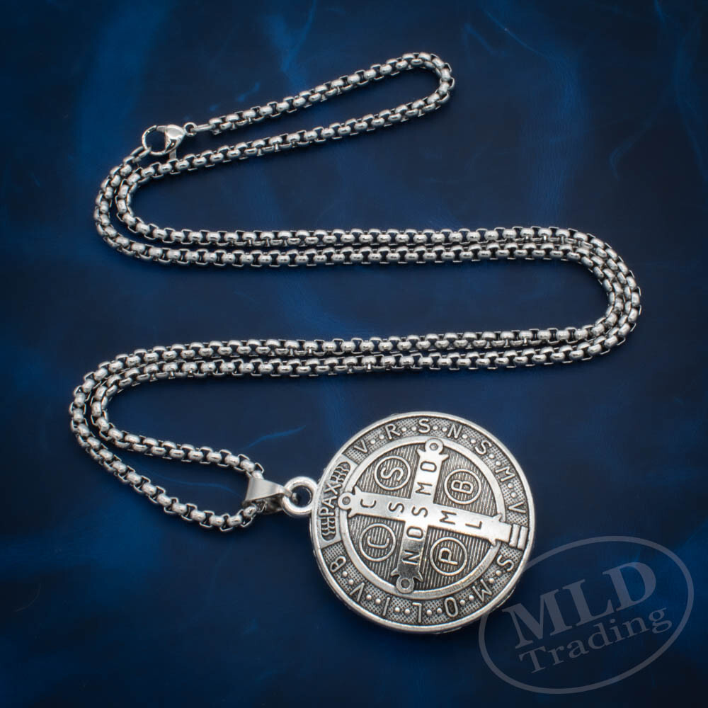 3D Saint St Benedict Medal Thick Pendant Necklace w 24″ Box Chain Silver Tone