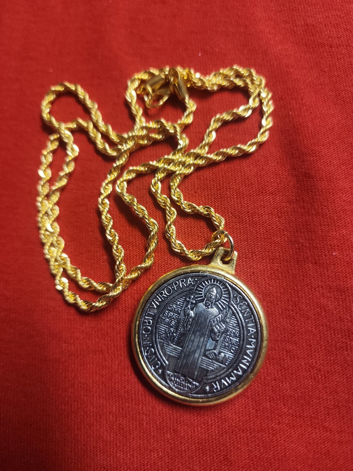 Saint St Benedict Medal Silver And Gold Pendant Necklace w 24″ Gold Plated Chain