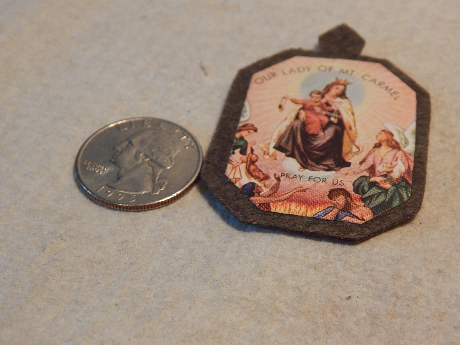 VTG 1950S CATHOLIC BADGE FELT BACK OUR LADY OF MT CARMEL PRAY FOR US