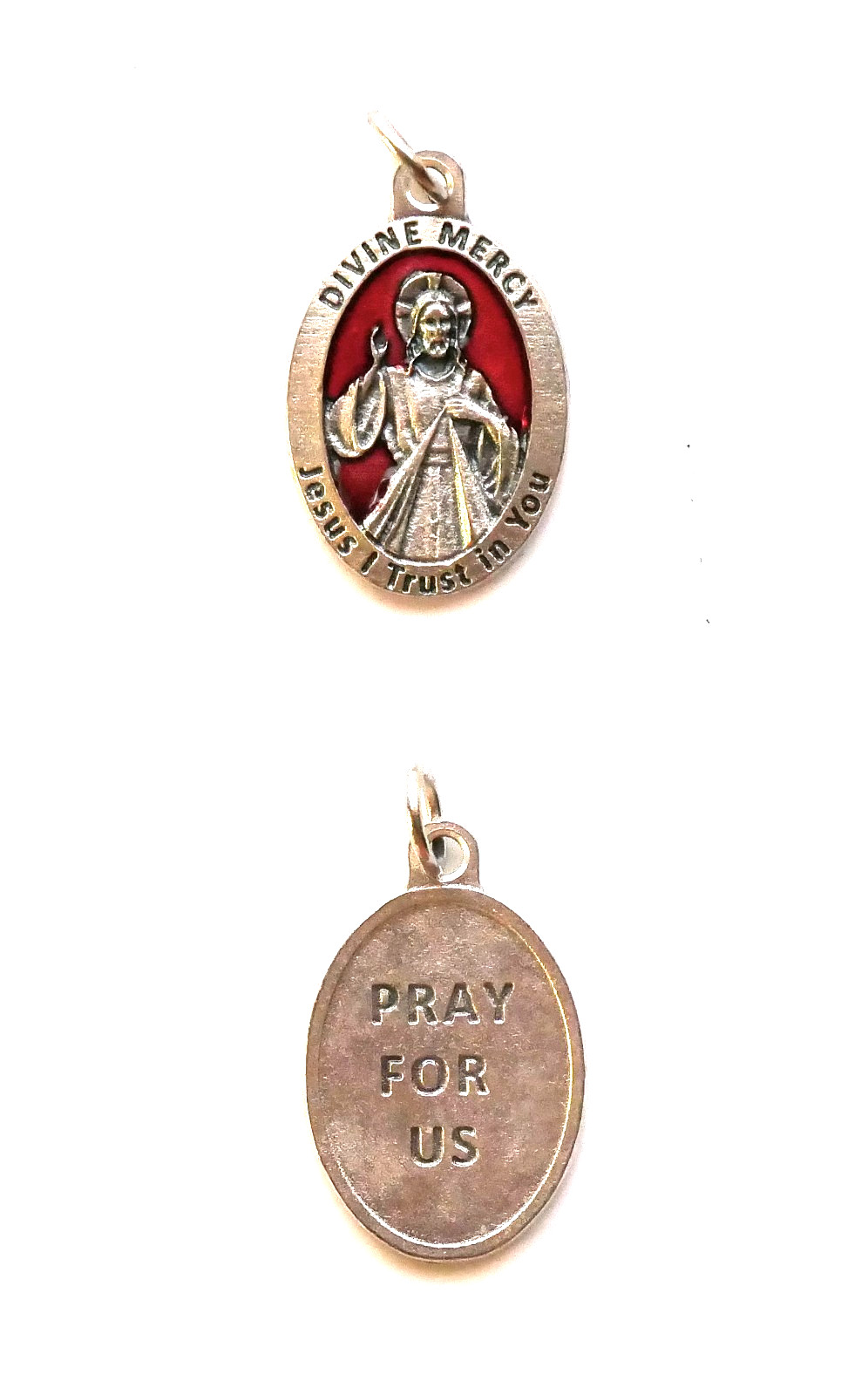 Divine Mercy 7/8″ x 5/8″ Silver Tone / Red Medal + FREE Cord – Italy –