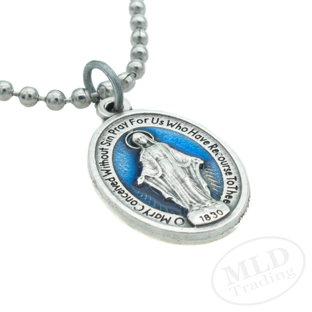 Blue Miraculous Medal Virgin Mary 1″ Pendant Necklace Italy w 24″ Ball Chain