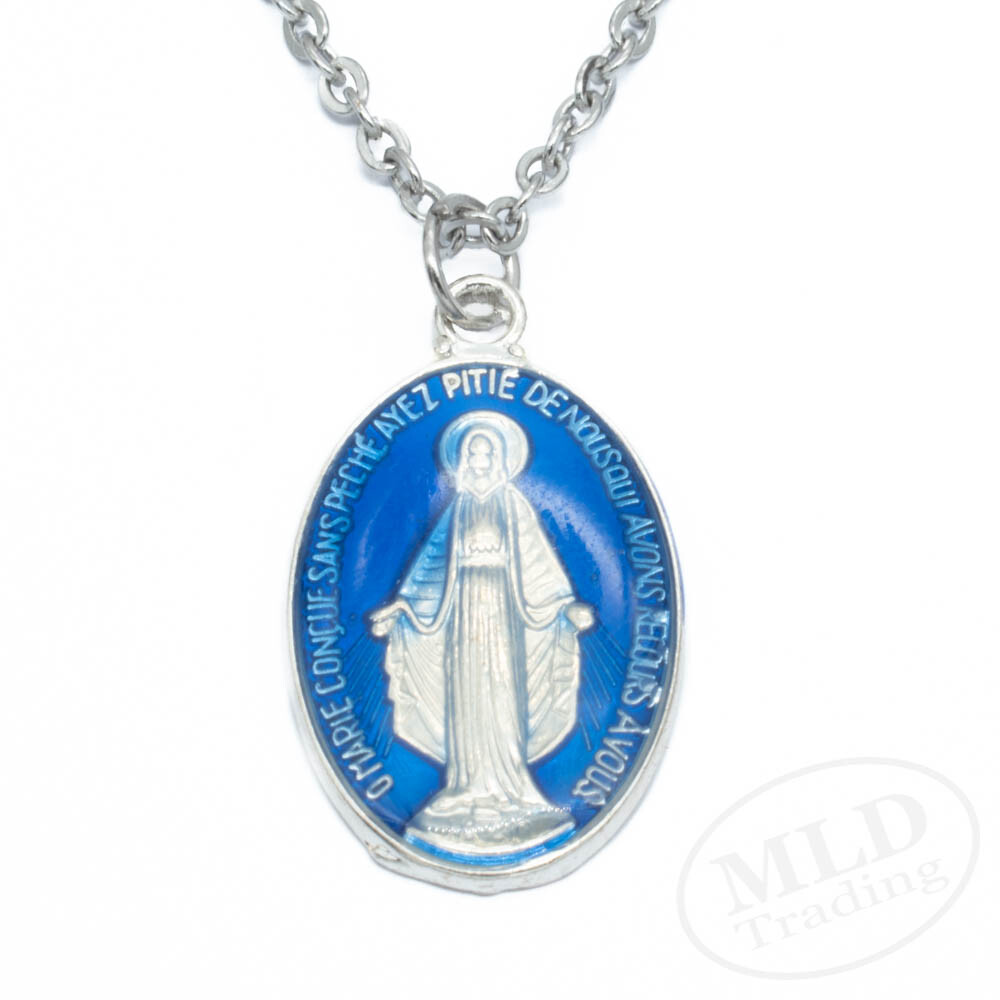 Stainless Steel Virgin Mary 1 Inch Blue Miraculous Medal Pendant Necklace Womens