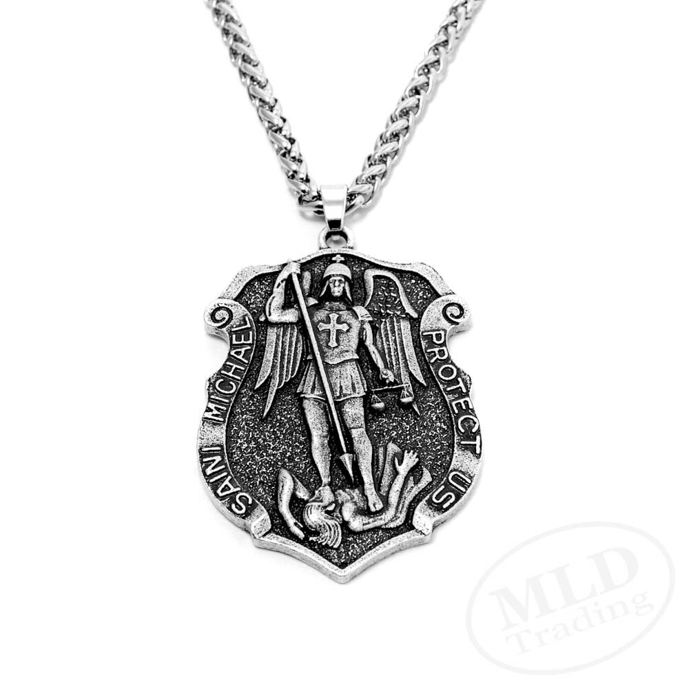 Large Saint St Michael Medal Shield Badge Pendant Necklace w Strong Spiga Chain