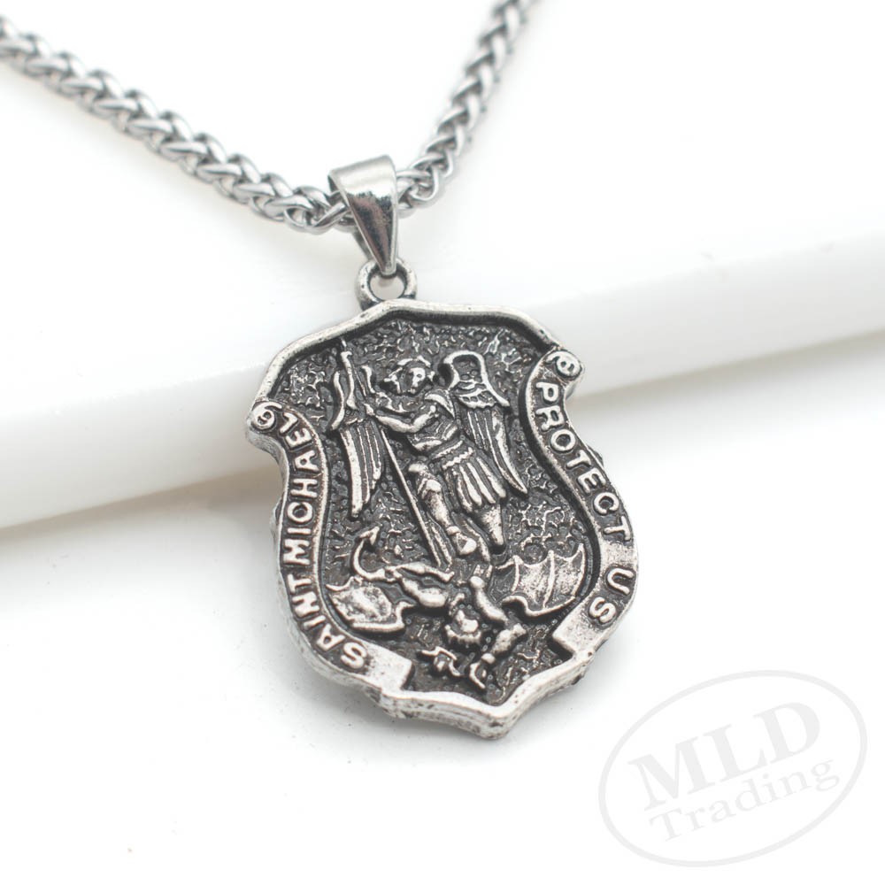 Archangel Saint St Michael Protect Us Medal Shield Pendant Necklace w 20″ Chain