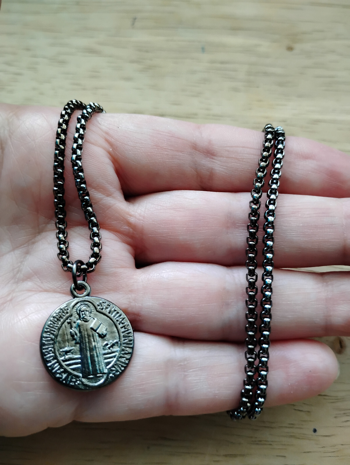 Italian Black Gunmetal St Benedict Medal Necklace Stainless steel Rolo Box Chain
