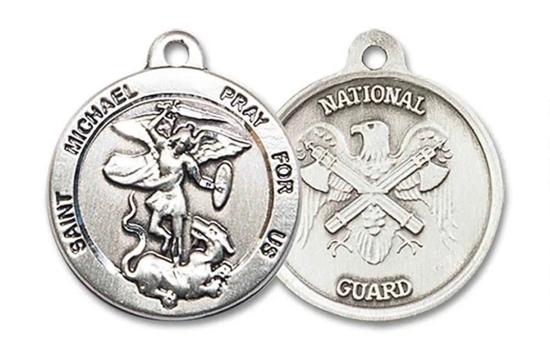 Pewter Saint Michael National Guard Medal Pendant Necklace 24″ Chain GiftBox