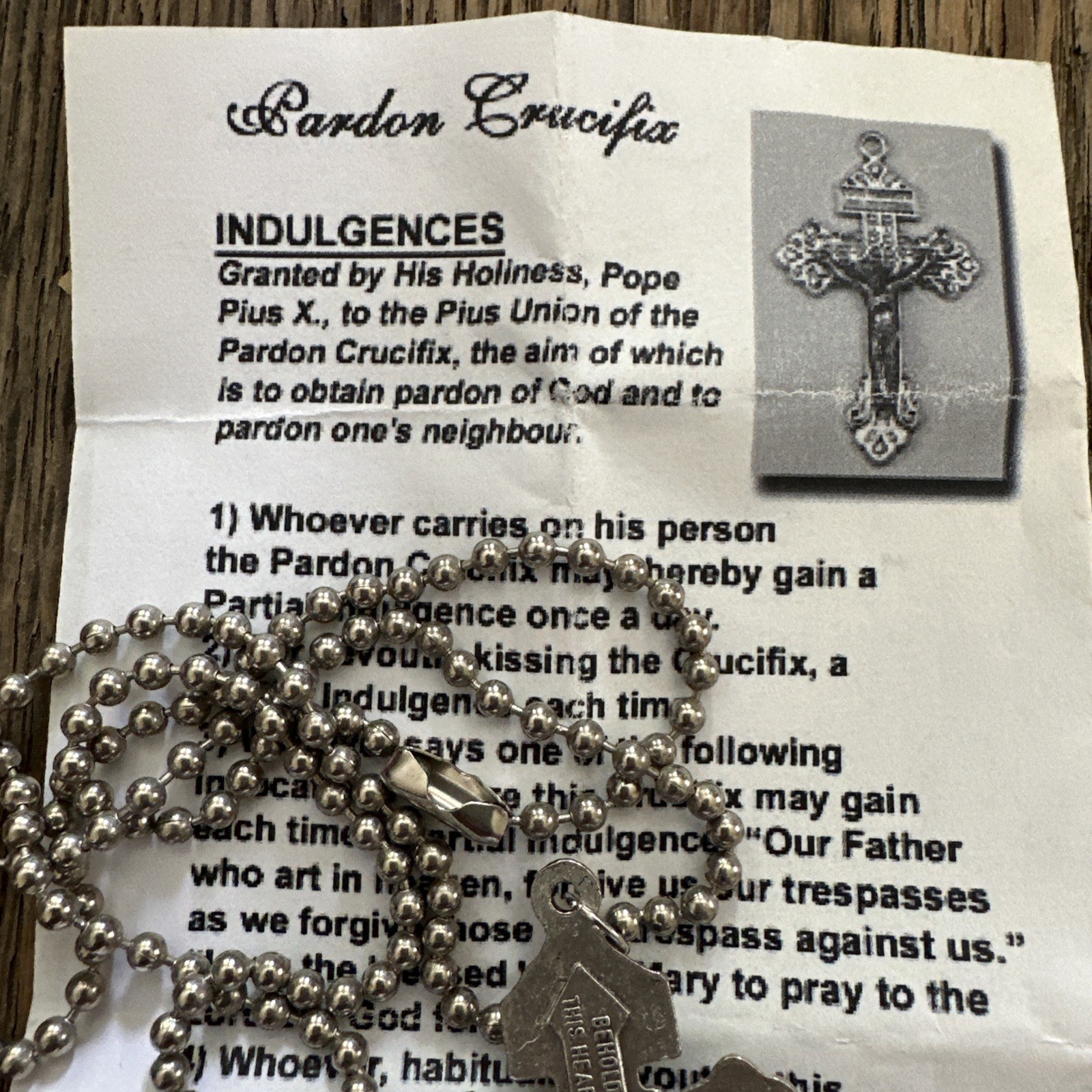 Silver Tone Pardon Crucifix Cross on 23″ Ball Chain Necklace