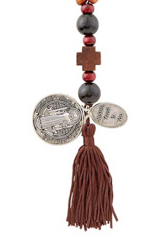 Saint Benedict Wood Bead Door Hanger with Tassel & Divine Mercy Medal 8.5″ L
