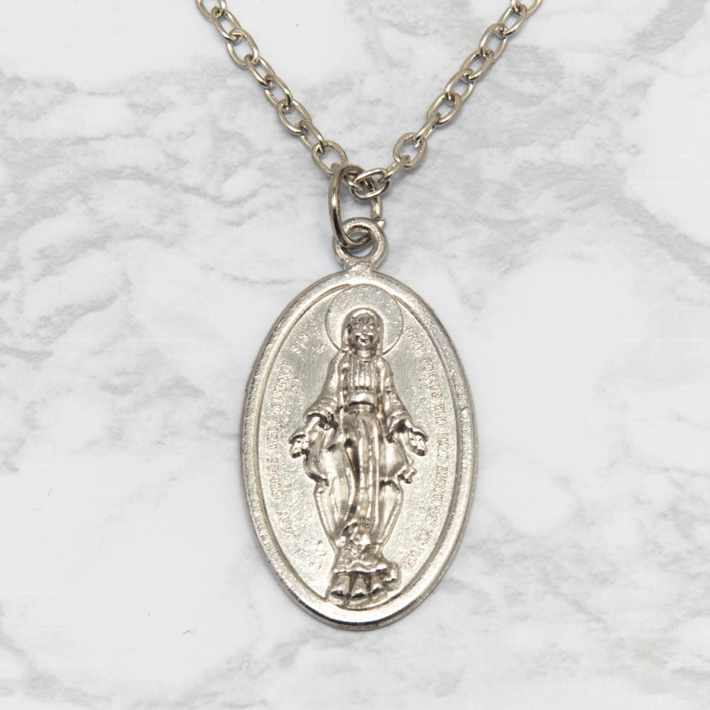 Miraculous Medal Pendant Necklace – 24″ Oval Link Chain, Zinc Alloy