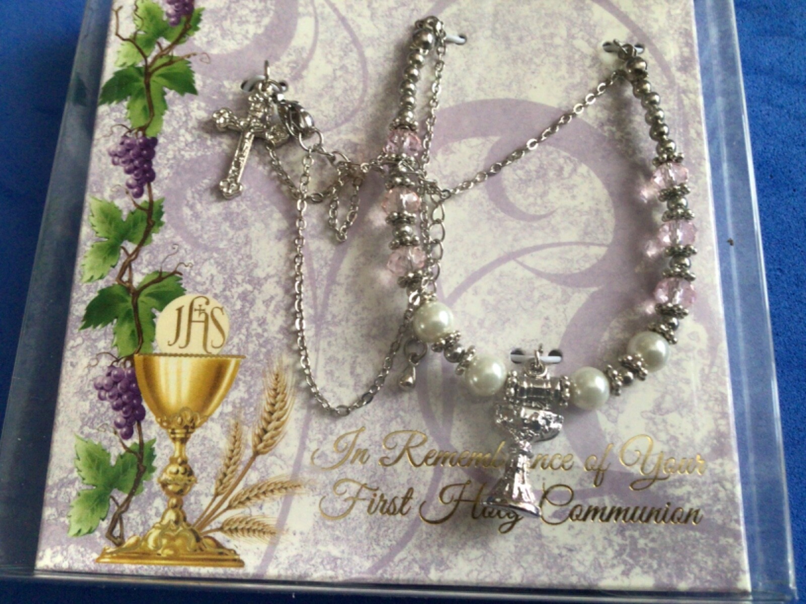 Girls First Communion Necklace Silver Tone Pink Faux Pearls Crucifix 18” Boxed