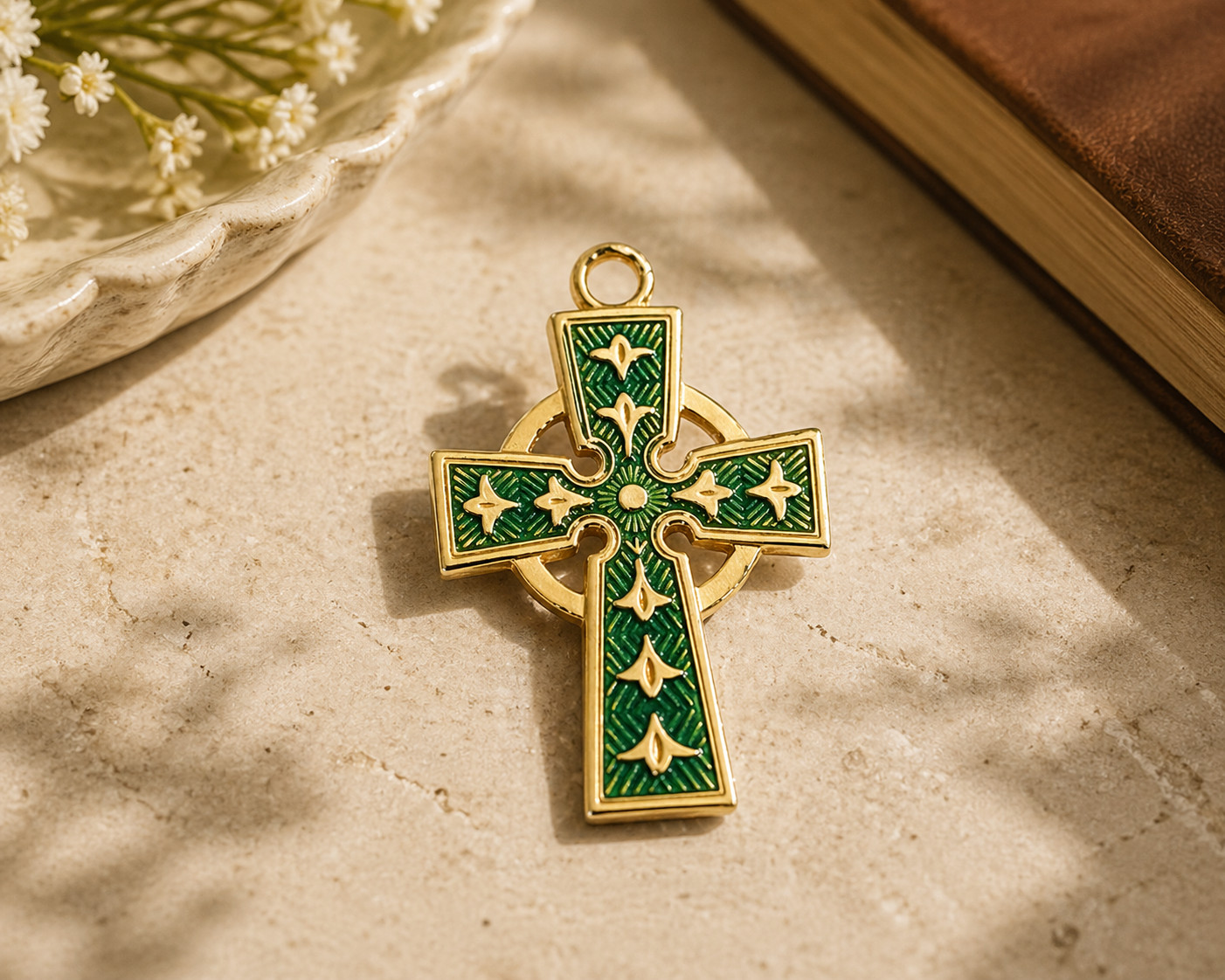 Green Celtic Cross Gold Plated Sterling Medals Fine Jewelry Pendant W/ Chain