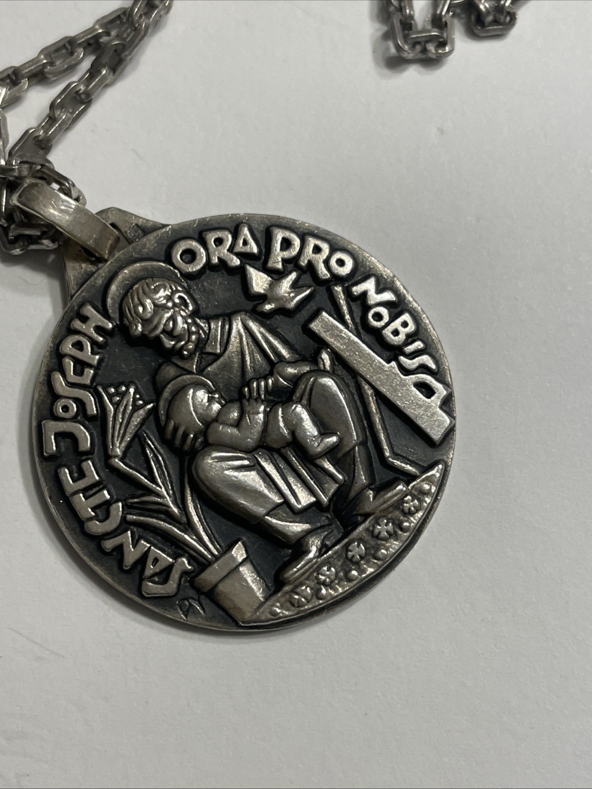 St Joseph Large Medal – Sterling Silver Antique Replica 24” Necklace Pendant