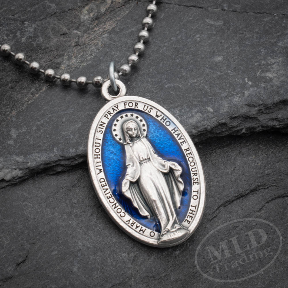 Miraculous Medal Necklace Catholic Virgin Mary 1.5″ Blue Pendant Made In Italy