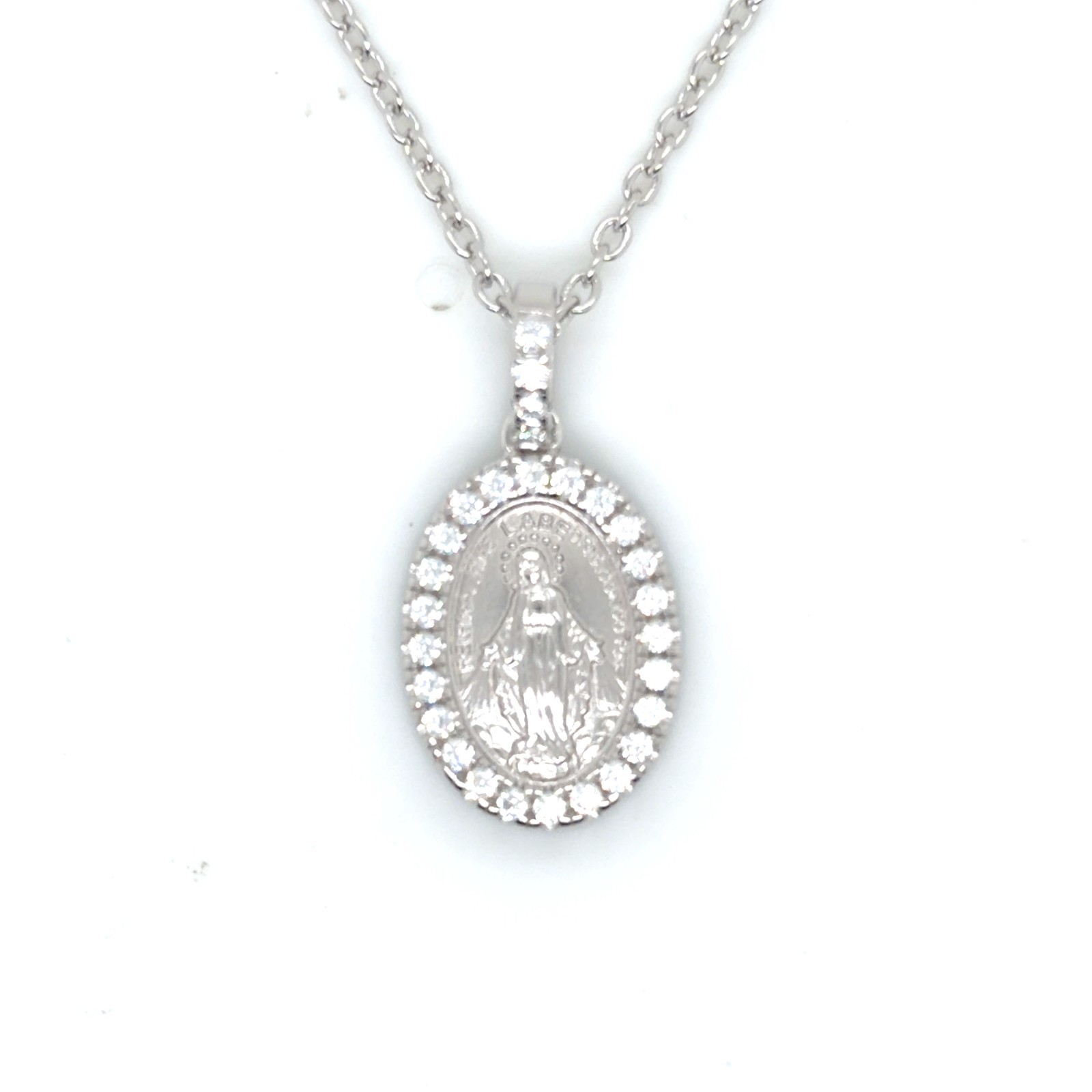 Miraculous Medal Sterling Silver Virgin Mary Pendent Necklace cz set Catholic
