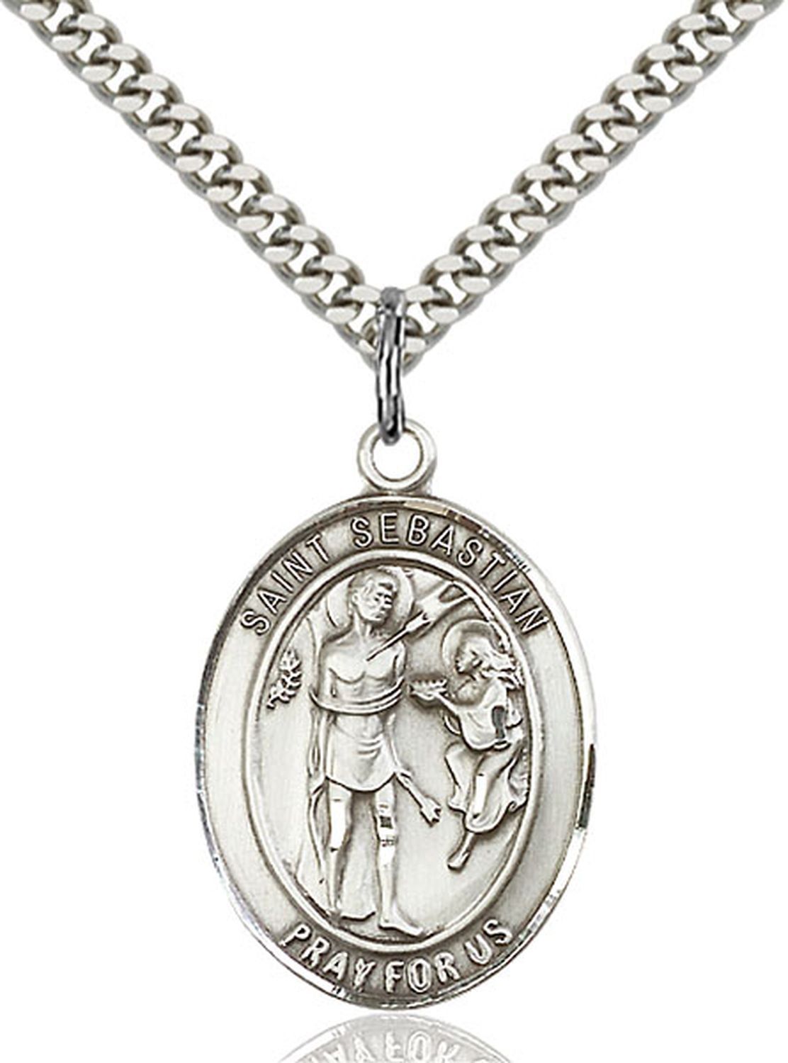 Sterling Silver St Sebastian Medal Pendant Necklace 24” Chain On Prayer Card