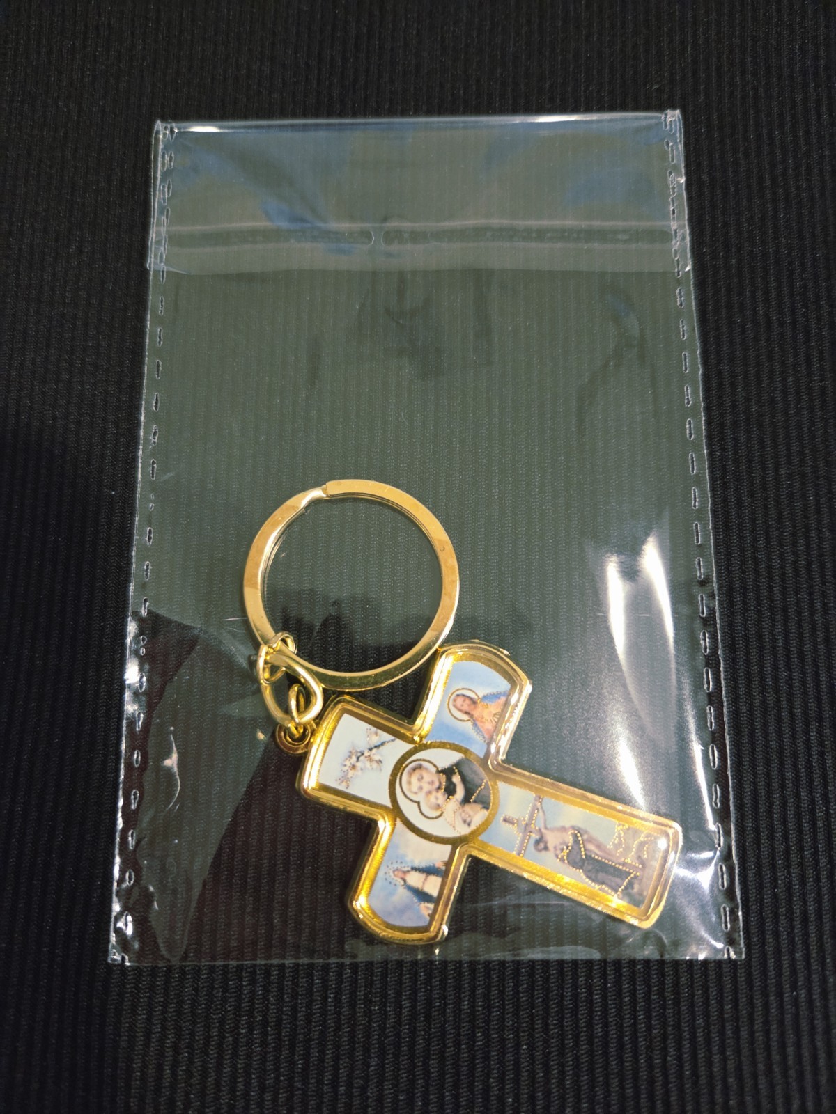 Vintage Saint Anthony Virgin Mary Jesus Miraculous Cross Keychain Gold Toned