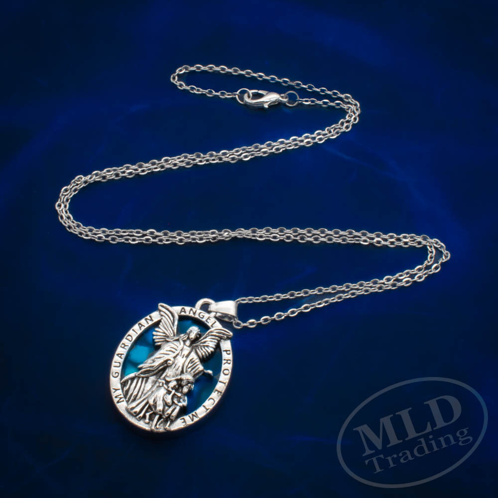 Guardian Angel Pendant Necklace, Religious Protector Medal, Alloy, 20″ Chain