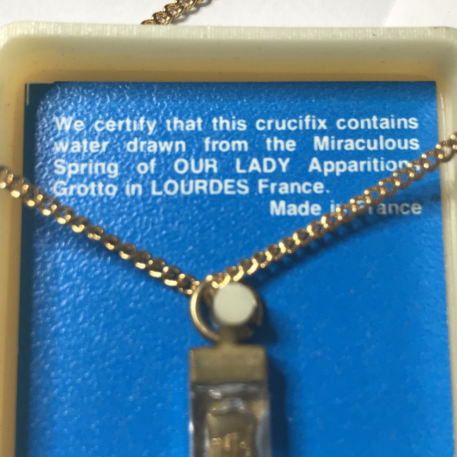 Vtg Lourdes France Cross Lucite Gold Plated Crucifix Holy Pendant Necklace NOS