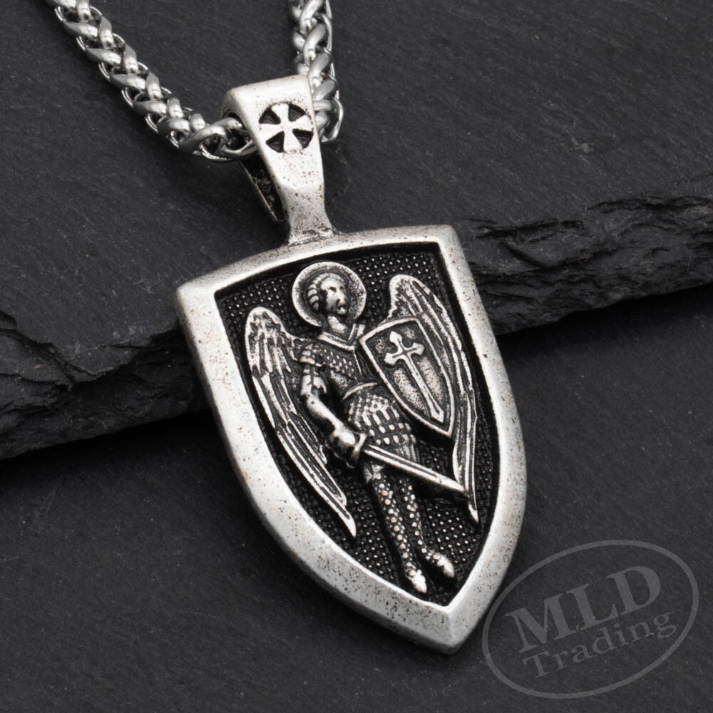 Saint St Michael Shield Medal Pendant Necklace, Silver Zinc Alloy, 24″ Chain
