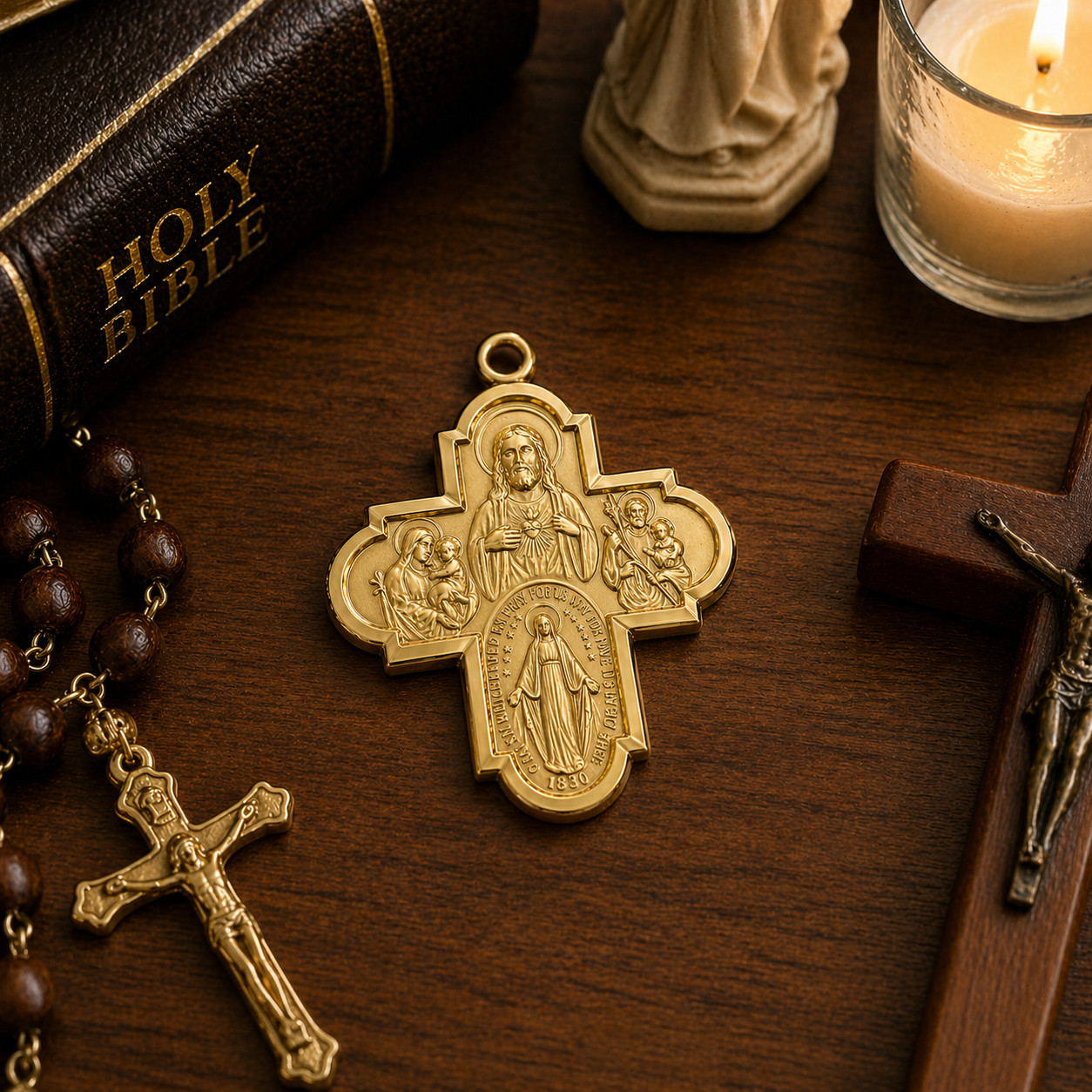 4-Way Cross Pendant Gold Plated Sterling Medals Necklace w/Brass Chain