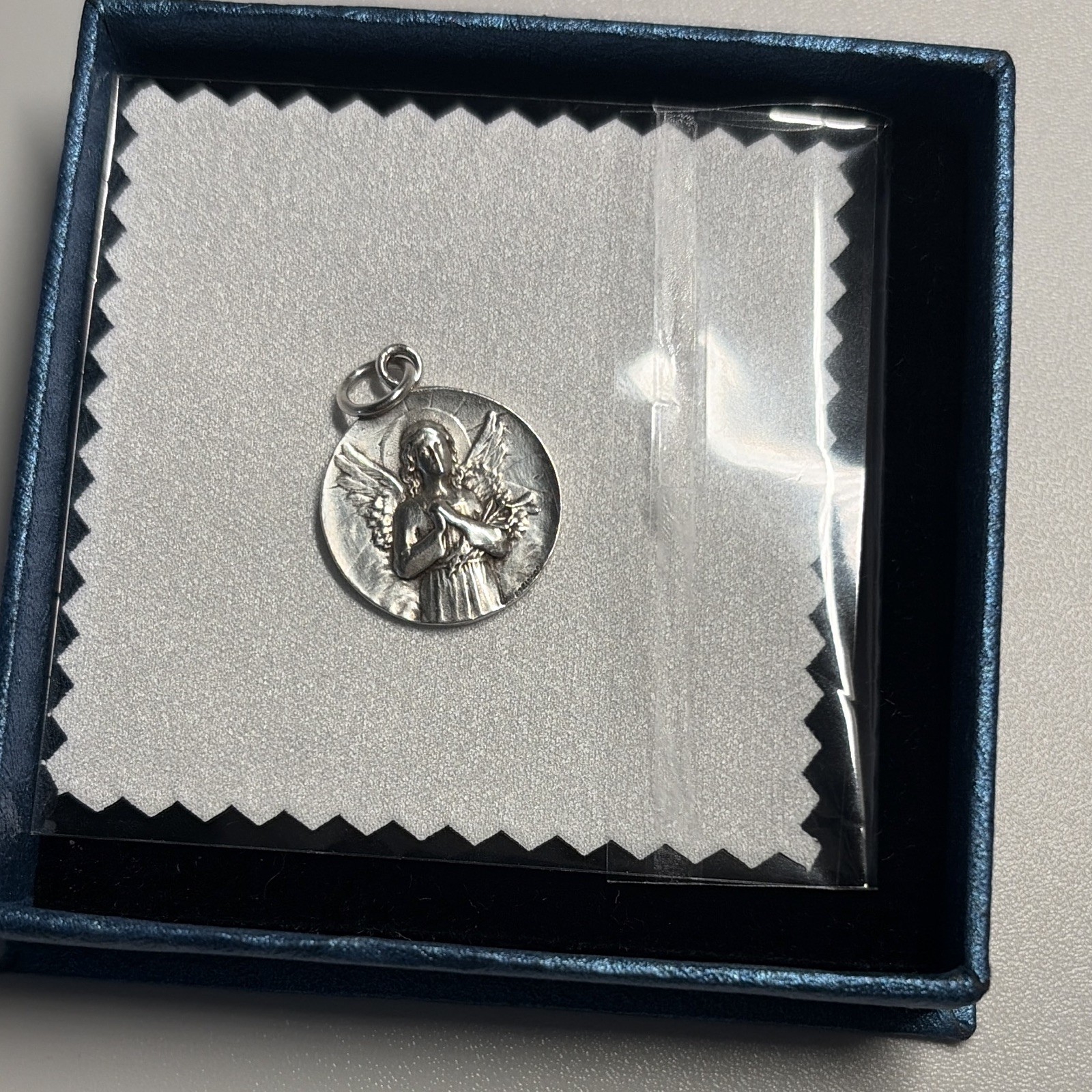 Round Christian Angel Medal Pendant Charm with Bail, 925 silver