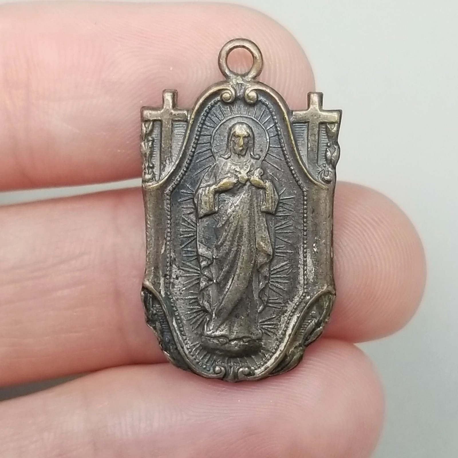 Vintage Sacred Heart Jesus Our Lady of Mount Carmel Medal Pendant Charm