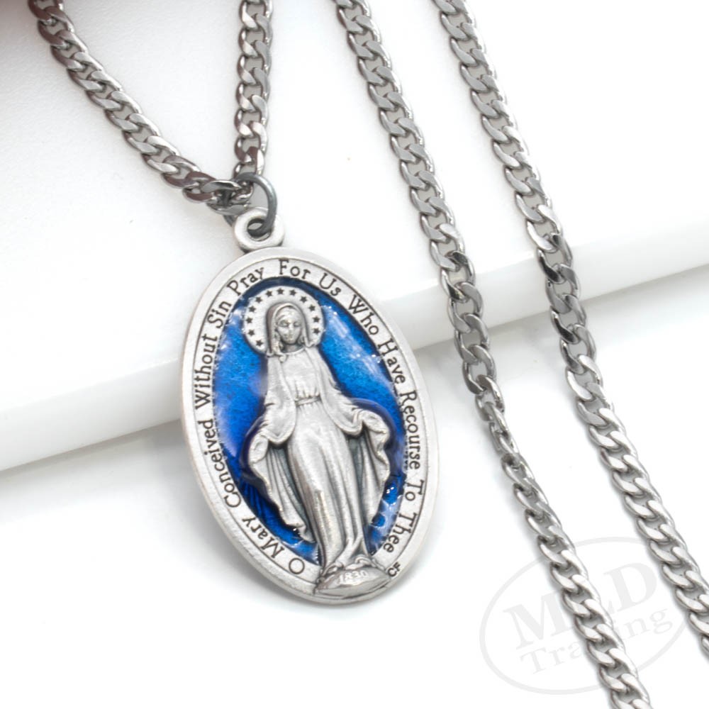 Large 1 3/4″ Blue Miraculous Medal Mary Pendant Necklace Italy w 24″ Curb Chain