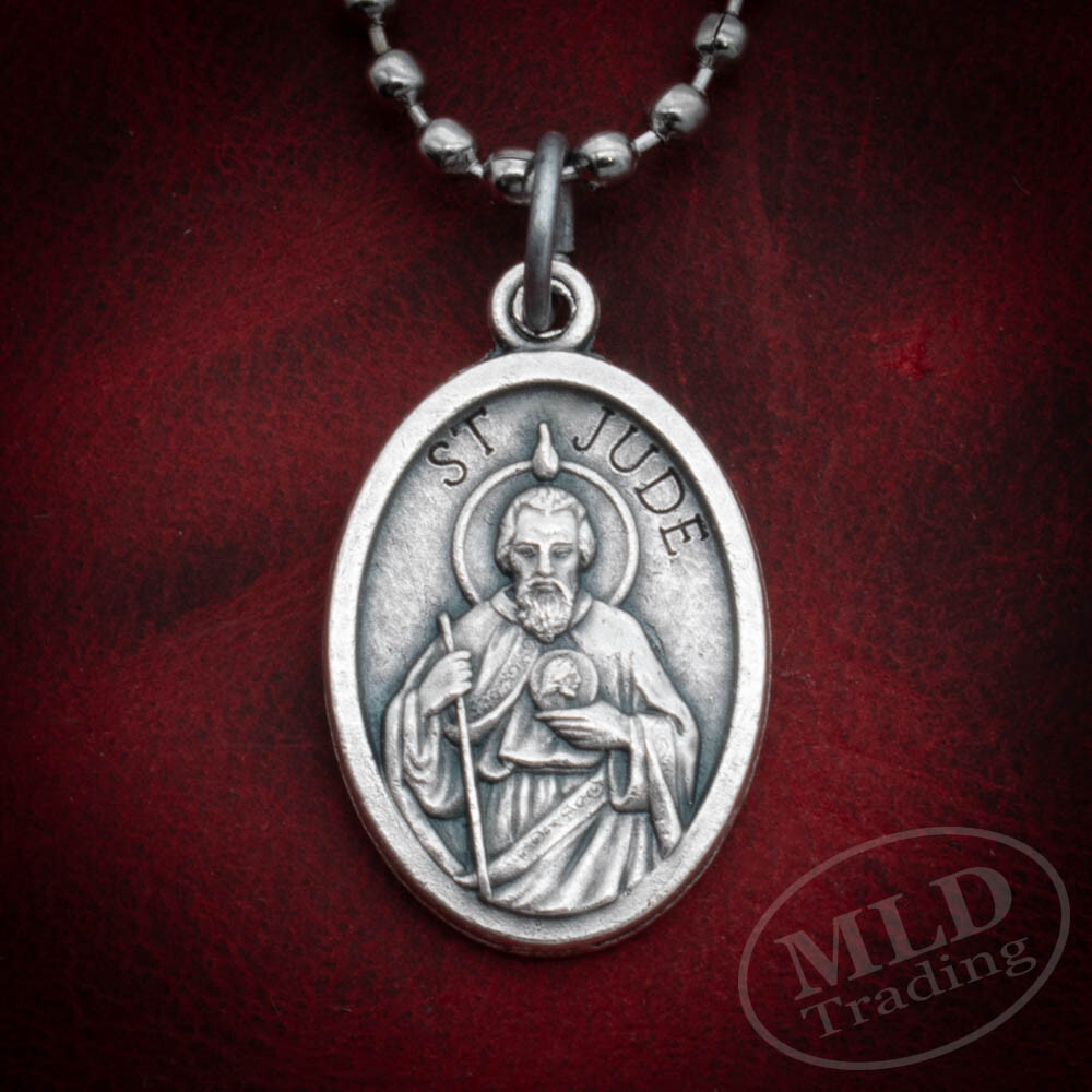 Saint St Jude Medal Pendant Necklace – Zinc Alloy, Made in Italy, 1″ w 24″ Chain