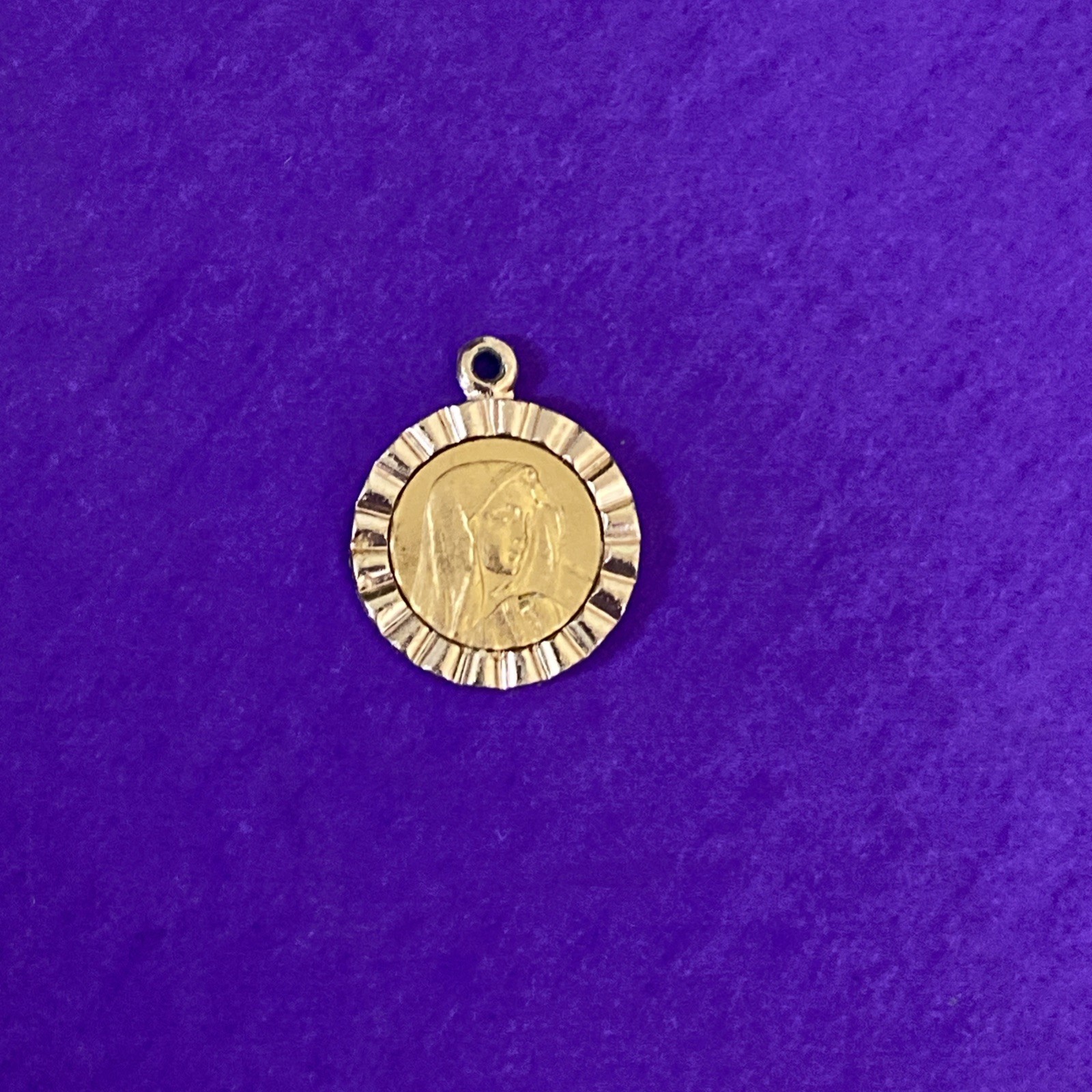 Vintage Virgin Mary Metal Charm Pendant , Gold-Toned, Roma, Christianity, 1/2”