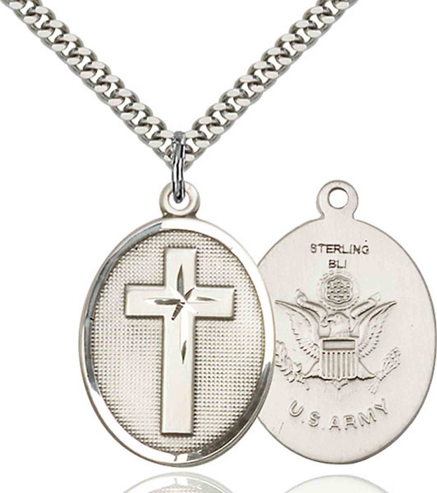 Sterling Silver Cross US Army Military Oval Medal Pendant Necklace 24” Chain