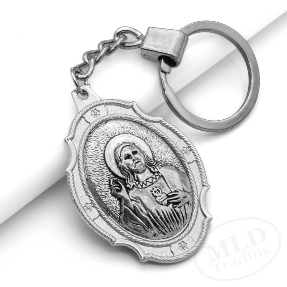 Sacred Heart Medal Keychain Large Silver Pendant Zinc Alloy Religious Key Ring