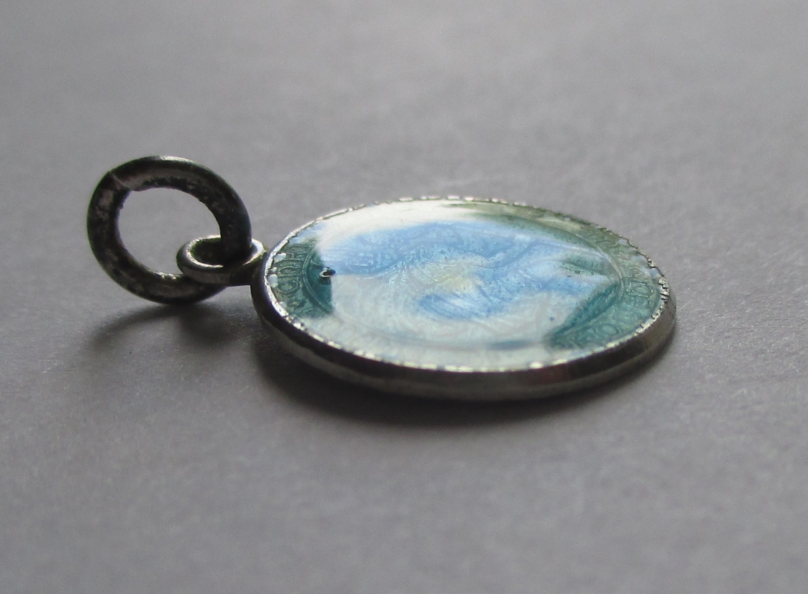 5/8in TINY VINTAGE STERLING SILVER BLUE ENAMEL SAINT CHRISTOPHER MEDAL CHARM