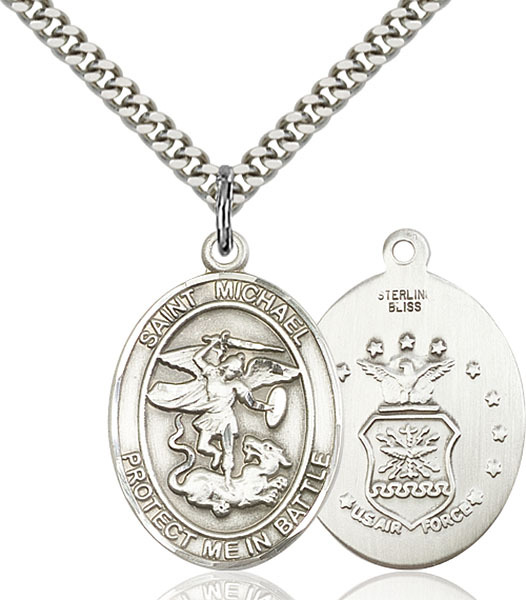 925 Sterling Silver St Michael Air Force Military Catholic Medal Necklace