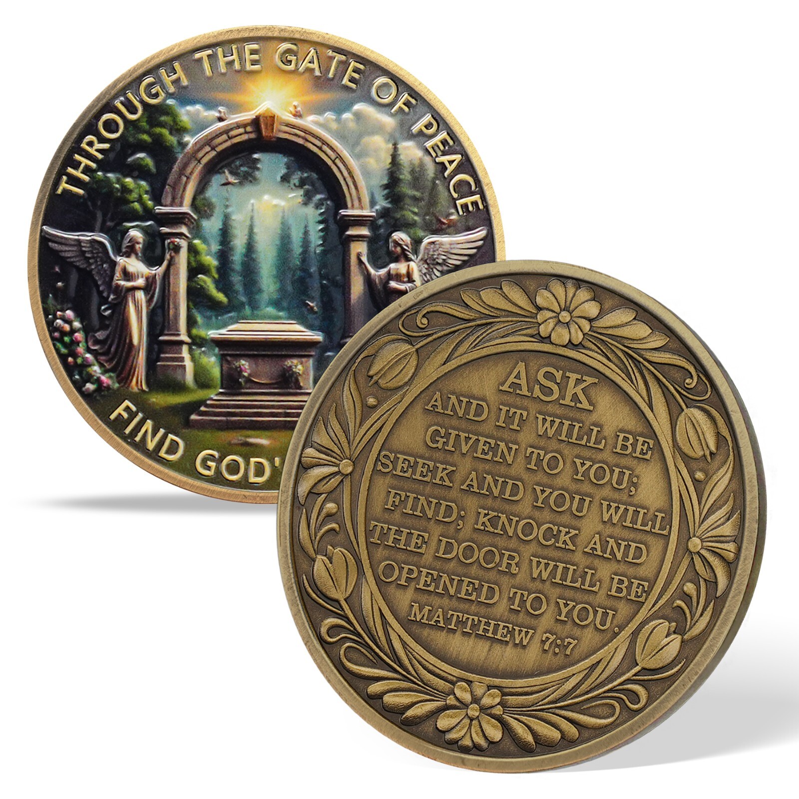 5Pc Christian Challenge Coin Find God’s Grace Matthew 7:7 Bible Verse Faith Coin
