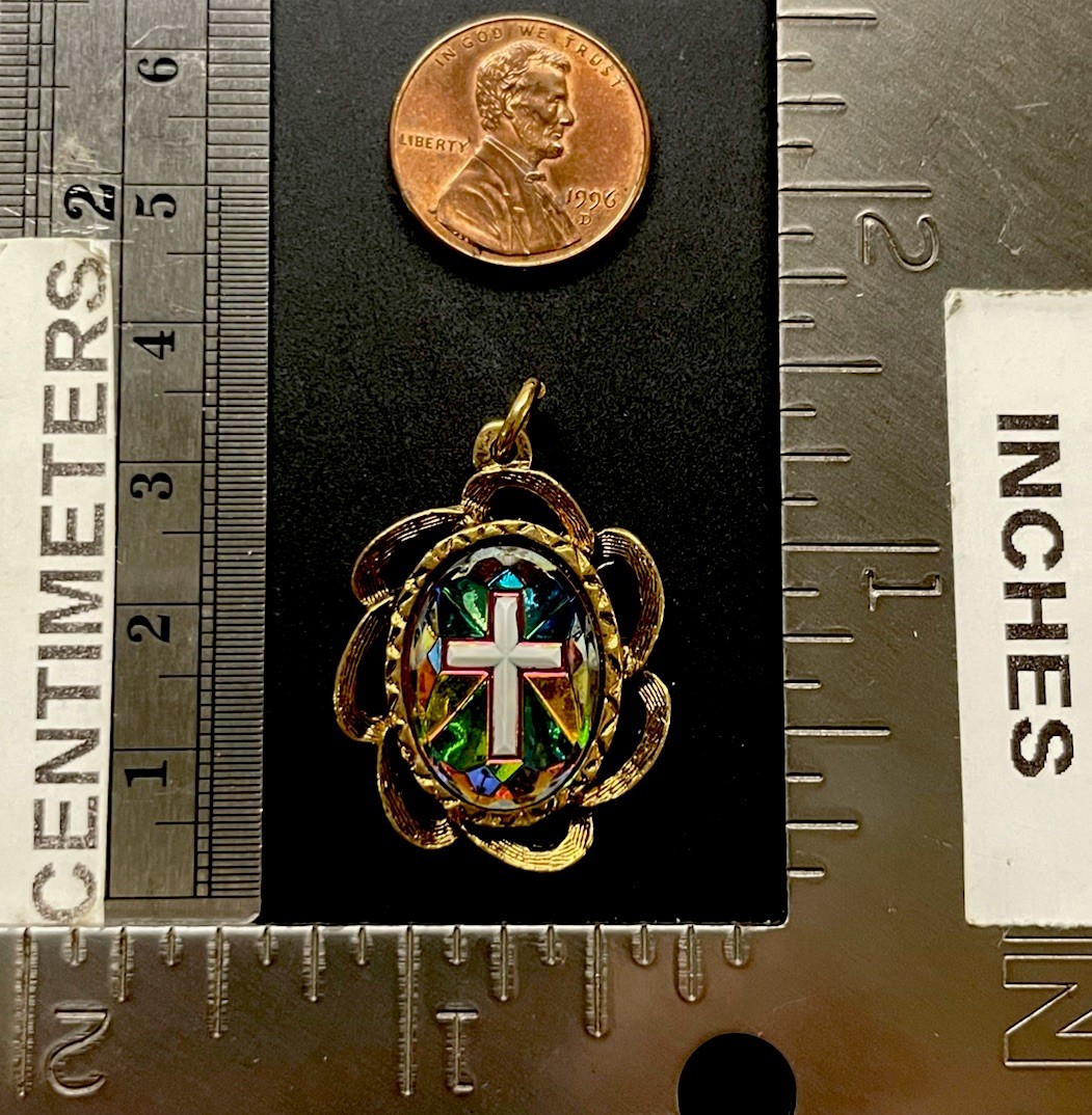 Vintage Iridescent Glass Cross Medal In Gold Tone Frame Pendant
