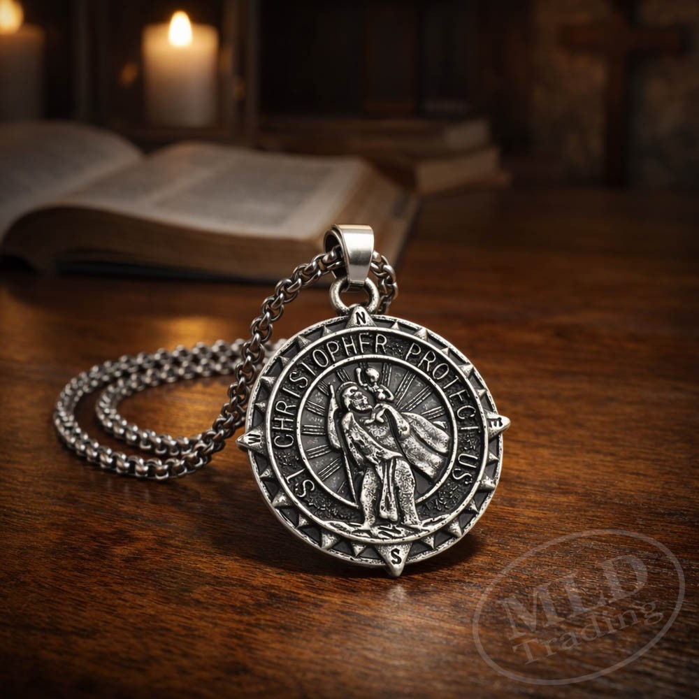Saint St Christopher Medal Necklace – Detailed Compass Style Pendant 24” Chain