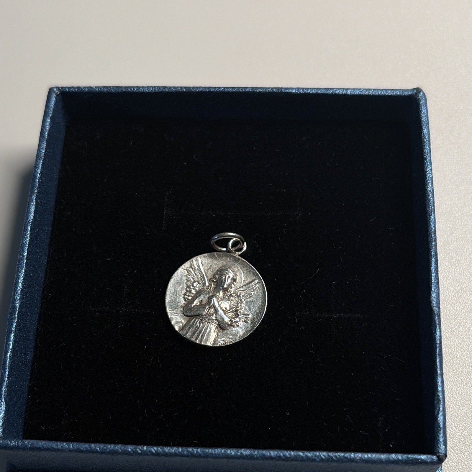 Round Christian Angel Medal Pendant Charm with Bail, 925 silver