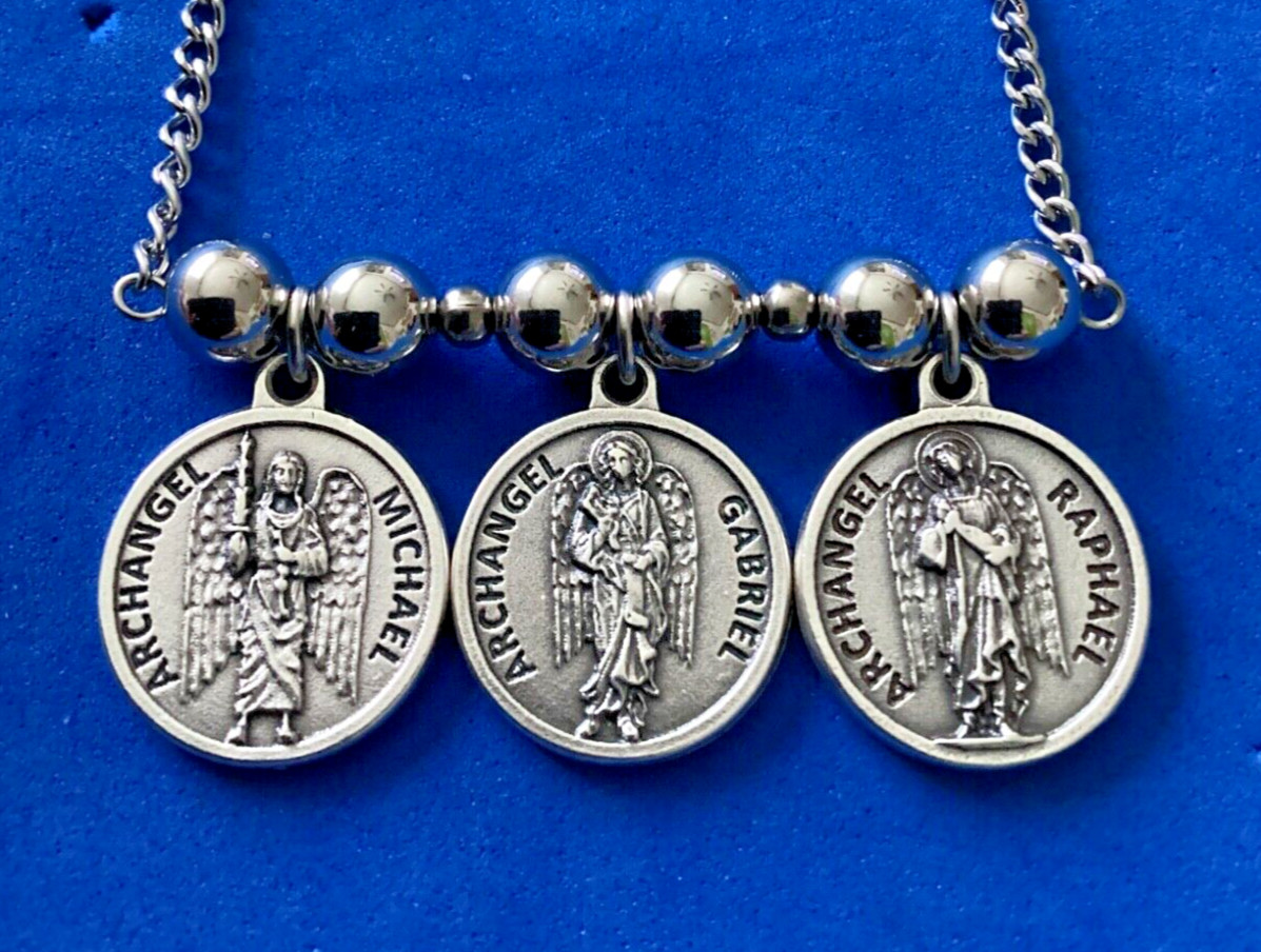 3 Archangel NECKLACE St Medals Michael Gabriel Raphael Saint Prayers #2
