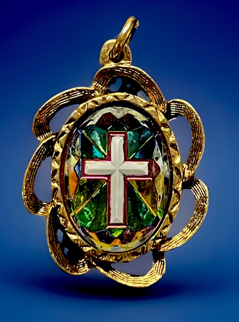 Vintage Iridescent Glass Cross Medal In Gold Tone Frame Pendant