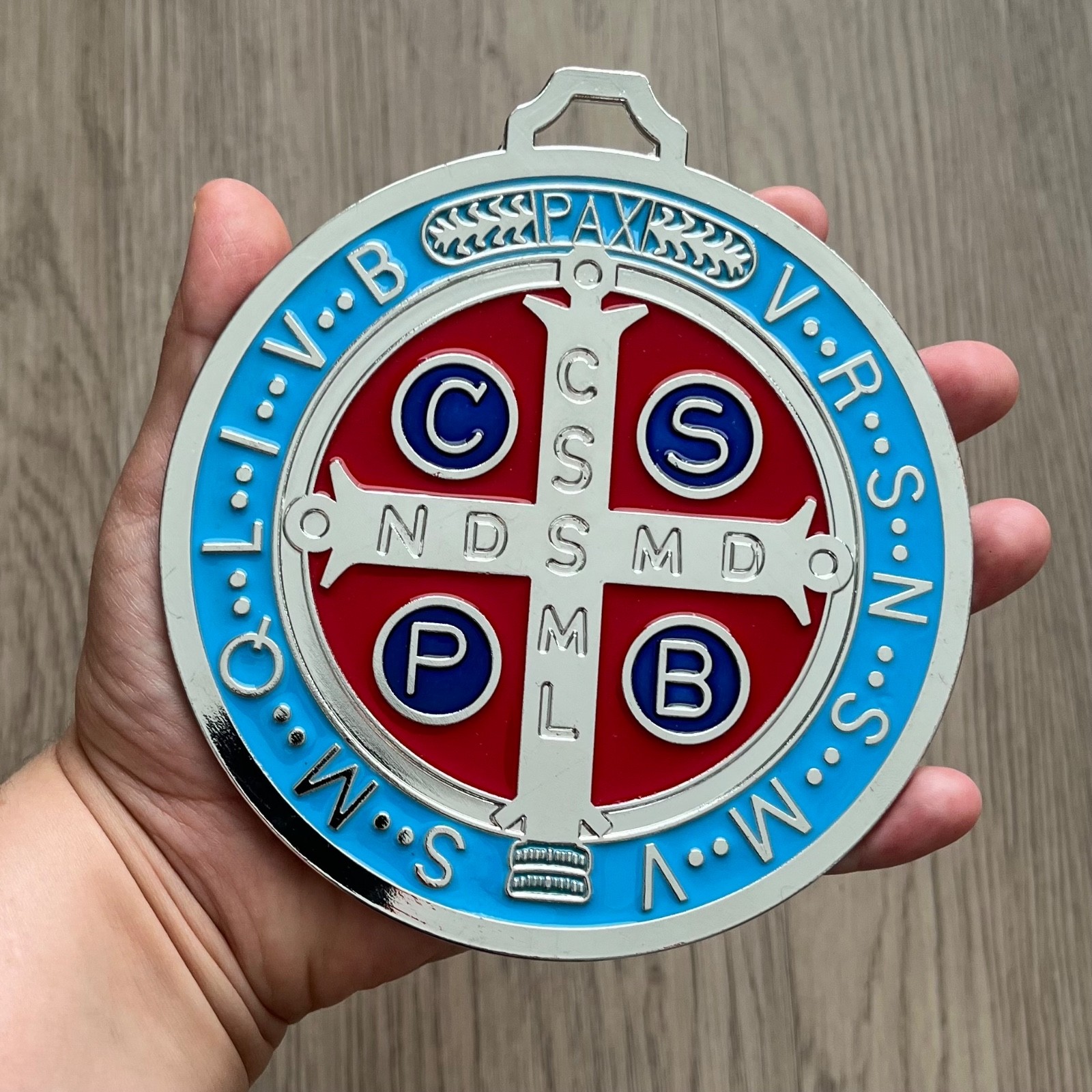 Catholic St Benedict Large 5” Medal 5oz Blue Red Enamel Medalla de San Benito