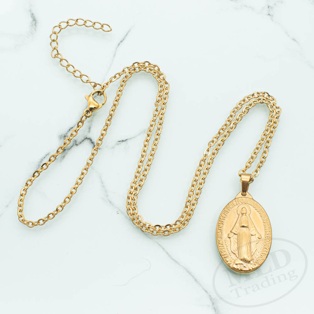 Gold Miraculous Medal Necklace – Stainless Steel Catholic Pendant 18″+2″ Chain