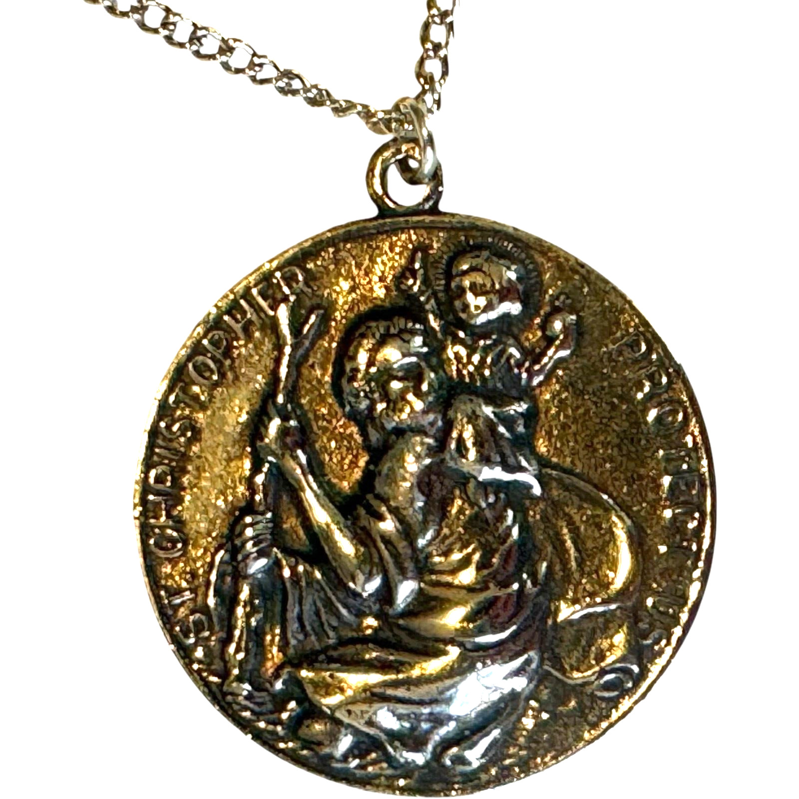 Saint St Christopher Medal Protect Us Heavy Oval Style Large Pendant Necklace