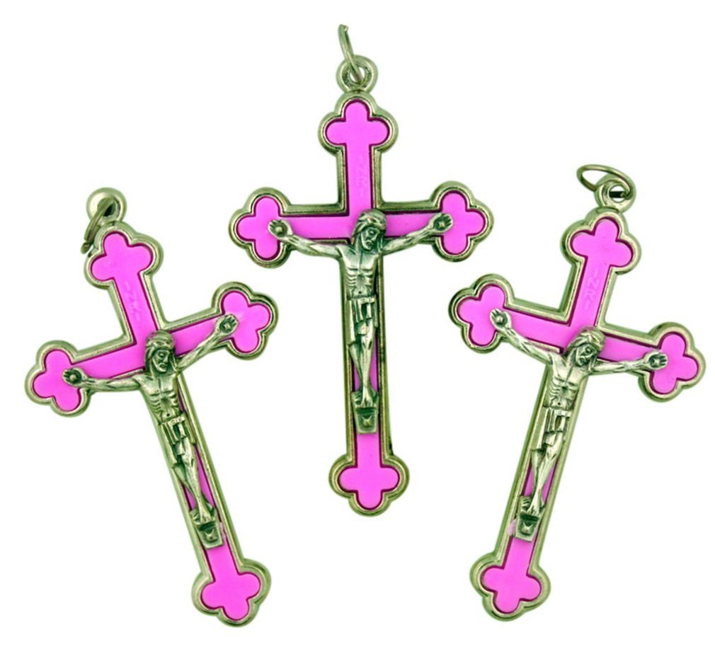 Pink Budded Cross with Silver Tone Corpus Crucifix Pendant, Lot of 3, 2 1/4 Inch