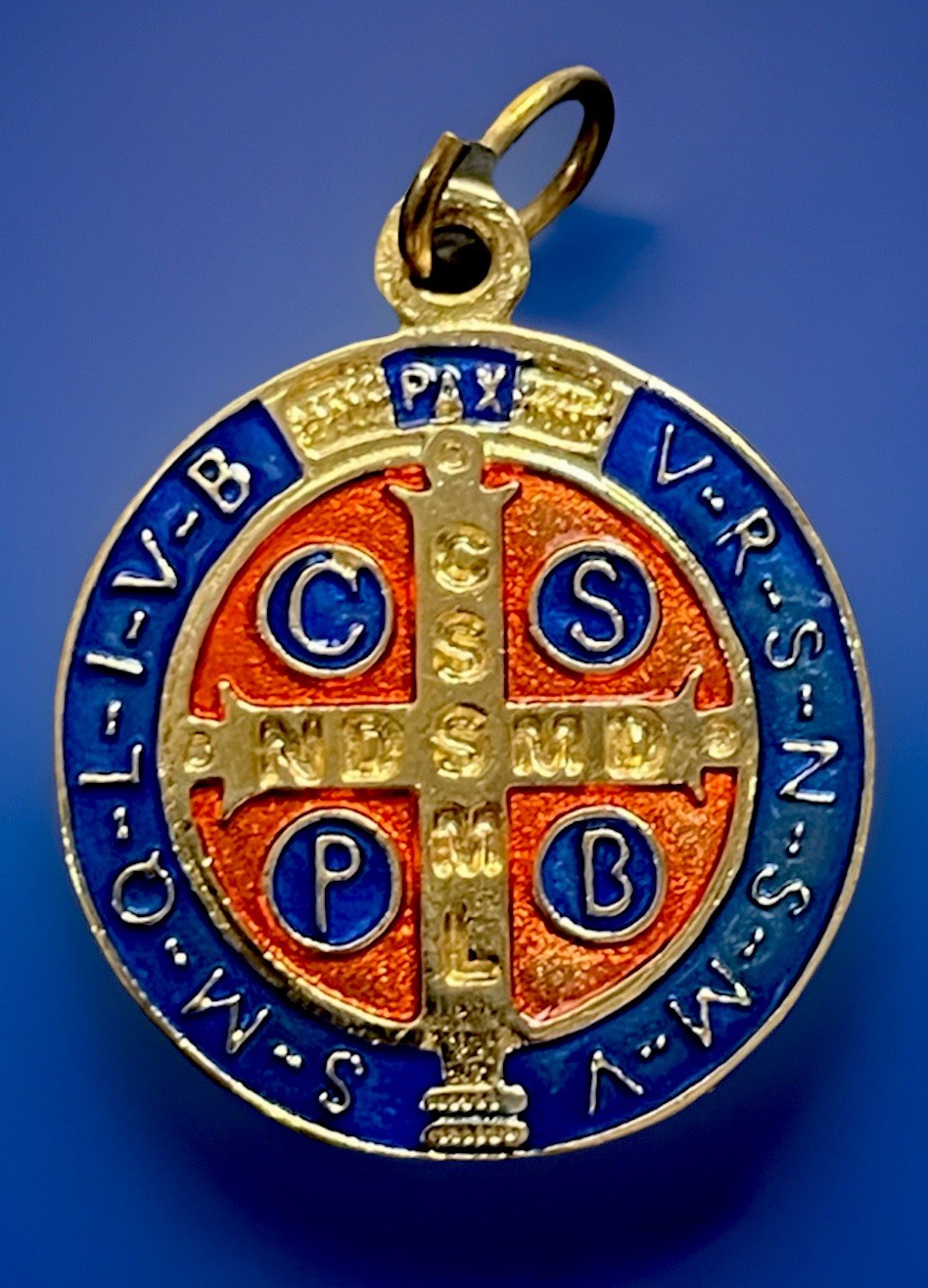 Vintage Catholic St Benedict Red & Blue Enamel Gold Tone Religious Medal